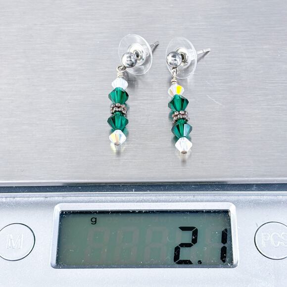 Vintage Sterling Silver 925 Green and Clear Crystal Dangle Earrings - Picture 4 of 5